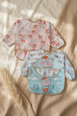 Teddy Guard Sıvı Geçirmez Uzun Kollu Bebek Mama Önlüğü 2'li Set - 6-24 Ay Leke Tutmaz Blw Uyumlu Ayıcık Desenli Mama Önlüğü