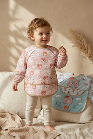 Teddy Guard Sıvı Geçirmez Uzun Kollu Bebek Mama Önlüğü 2'li Set - 6-24 Ay Leke Tutmaz Blw Uyumlu Ayıcık Desenli Mama Önlüğü
