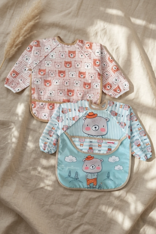 Teddy Guard Sıvı Geçirmez Uzun Kollu Bebek Mama Önlüğü 2'li Set - 6-24 Ay Leke Tutmaz Blw Uyumlu Ayıcık Desenli Mama Önlüğü