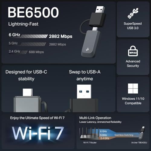 Archer TBE400U USB 3.0 Wi-Fi 7 Tri-Band Kablosuz Adaptör, BE6500,6 GHz/5 GHz/2.4 GHz, 72x24x10.8 mm