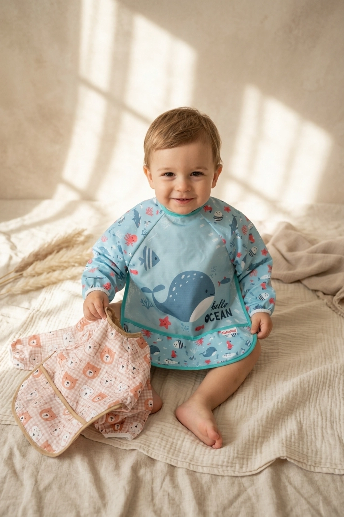 Tinyjoy Su Geçirmez Uzun Kollu Mama Önlüğü Seti 6-24 Ay - 2'li Paket Ayıcık Ve Balina Desenli Leke Tutmaz Blw Önlüğü