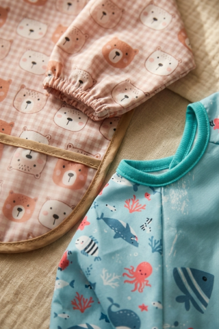 Tinyjoy Su Geçirmez Uzun Kollu Mama Önlüğü Seti 6-24 Ay - 2'li Paket Ayıcık Ve Balina Desenli Leke Tutmaz Blw Önlüğü