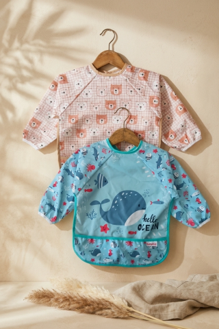 Tinyjoy Su Geçirmez Uzun Kollu Mama Önlüğü Seti 6-24 Ay - 2'li Paket Ayıcık Ve Balina Desenli Leke Tutmaz Blw Önlüğü