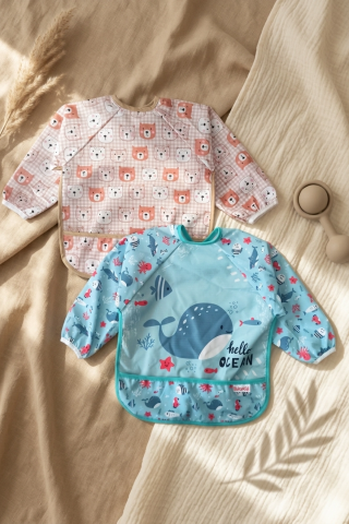 Tinyjoy Su Geçirmez Uzun Kollu Mama Önlüğü Seti 6-24 Ay - 2'li Paket Ayıcık Ve Balina Desenli Leke Tutmaz Blw Önlüğü