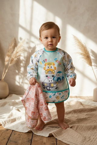Tinyguard Su Geçirmez Uzun Kollu Bebek Mama Ve Aktivite Önlüğü 6-24 Ay - 2'li Set Bear & Traffic Serisi Leke Tutmaz Blw Önlüğü