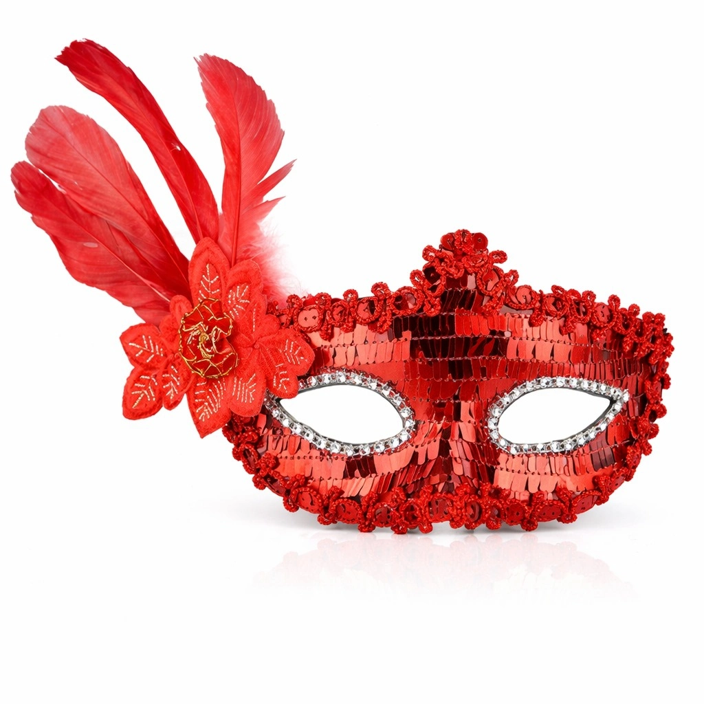 Kırmızı Tüylü Payetli Lüks Taşlı Parti Maskesi