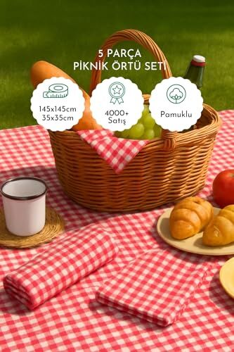 Piknik Masa Örtüsü Peçetesi 5'li 145x145 cm 4 36x36 cm Kamp Pişirme Seti
