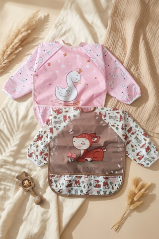 Bloom 2'li Paket Sıvı Geçirmez Uzun Kollu Bebek Mama Önlüğü -6-24 Ay Pembe Kuğu Ve Ceylan Desenli Blw Önlük Seti