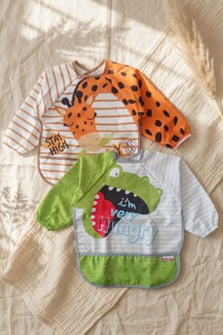 2'li Set Su Geçirmez Uzun Kollu Bebek Mama Önlüğü - Leke Tutmaz Zürafa Ve Timsah Desenli 6-24 Ay Aktivite Smock Seti