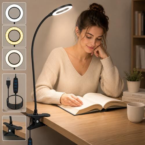 Klipsli LED Kitap Okuma Lambası, USB Girişli, Esnek Kollu Metal, 3 Renk Modlu: Sarı, Beyaz, Gün Işığı