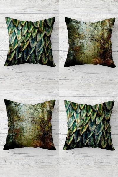 Yeşil Yapraklar ve Batik Renkli Gizli Fermuarlı Kırlent Kılıfı Takımı (4adet), Yeşil 45 x 45