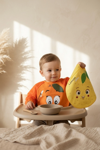 Sıvı Geçirmez Uzun Kollu Bebek Mama Önlüğü - 2'li Set 6-24 Ay Limon Ve Portakal Desenli Blw Uyumlu Yemek Önlüğü