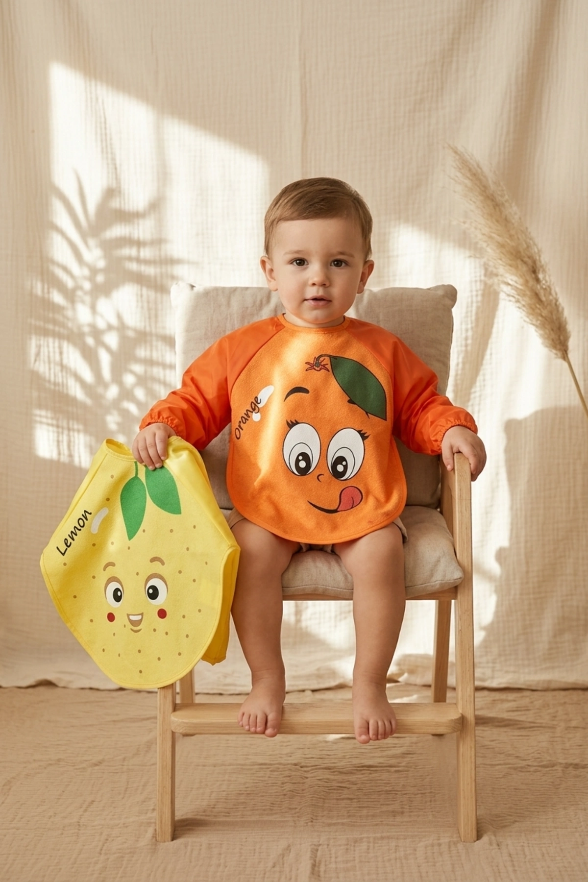 Sıvı Geçirmez Uzun Kollu Bebek Mama Önlüğü - 2'li Set 6-24 Ay Limon Ve Portakal Desenli Blw Uyumlu Yemek Önlüğü