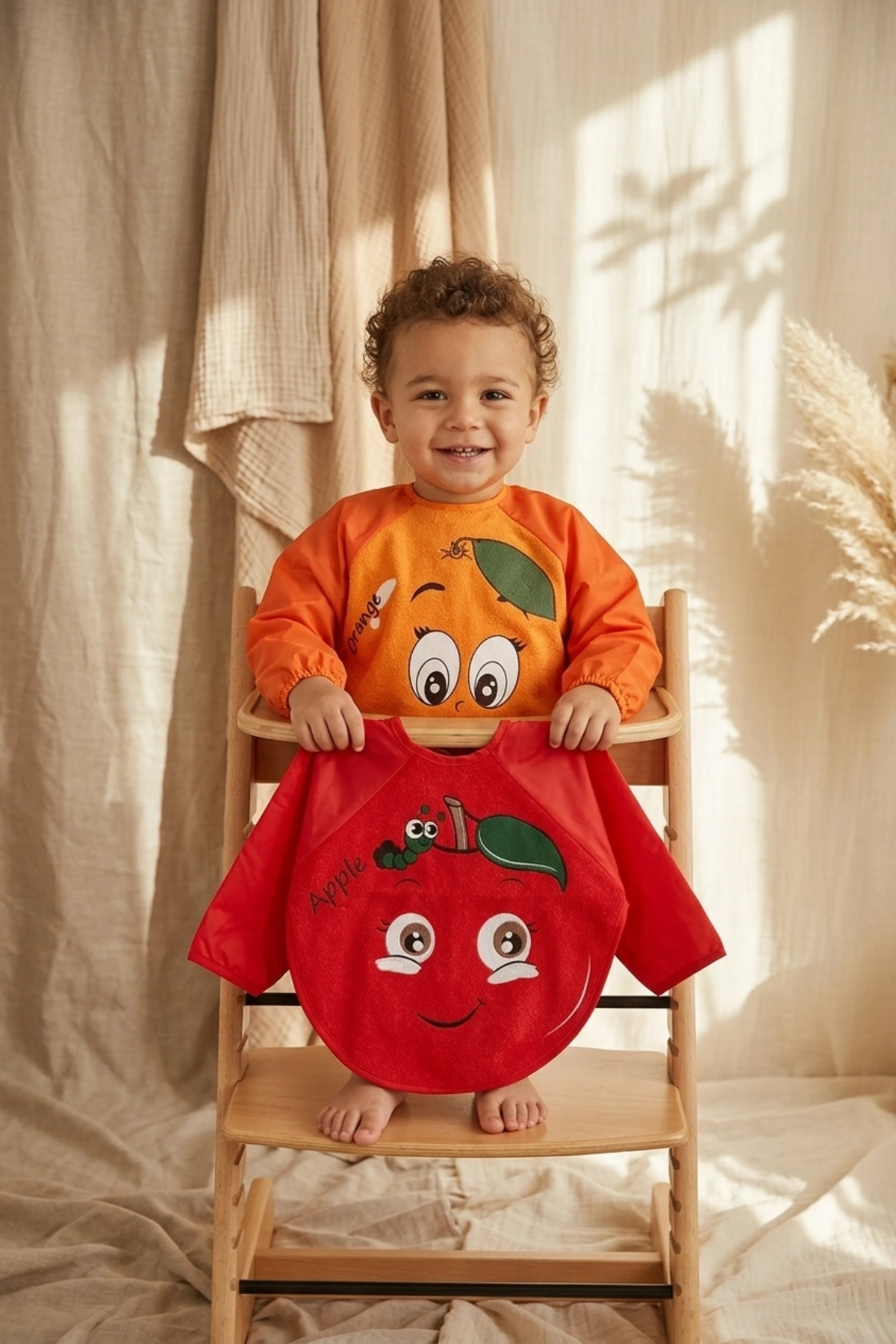 Sıvı Geçirmez Uzun Kollu Bebek Mama Önlüğü - 2'li Set 6-24 Ay Elma Ve Portakal Desenli Blw Uyumlu Yemek Önlüğü