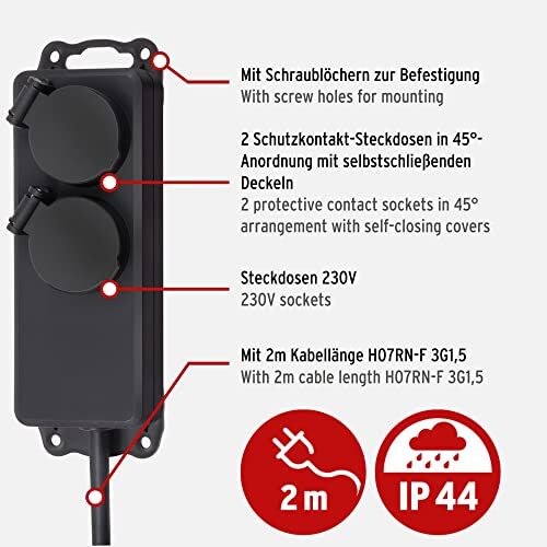 IP44 Priz Dağıtıcısı, 2'li, 2 m Kablo, Siyah