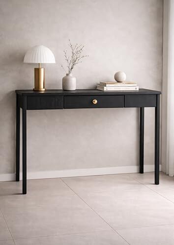 Siyah Masif Ahşap Konsol; Pirinç Kulplu, Tek Çekmeceli, Minimalist Dresuar, 120x40x80 cm