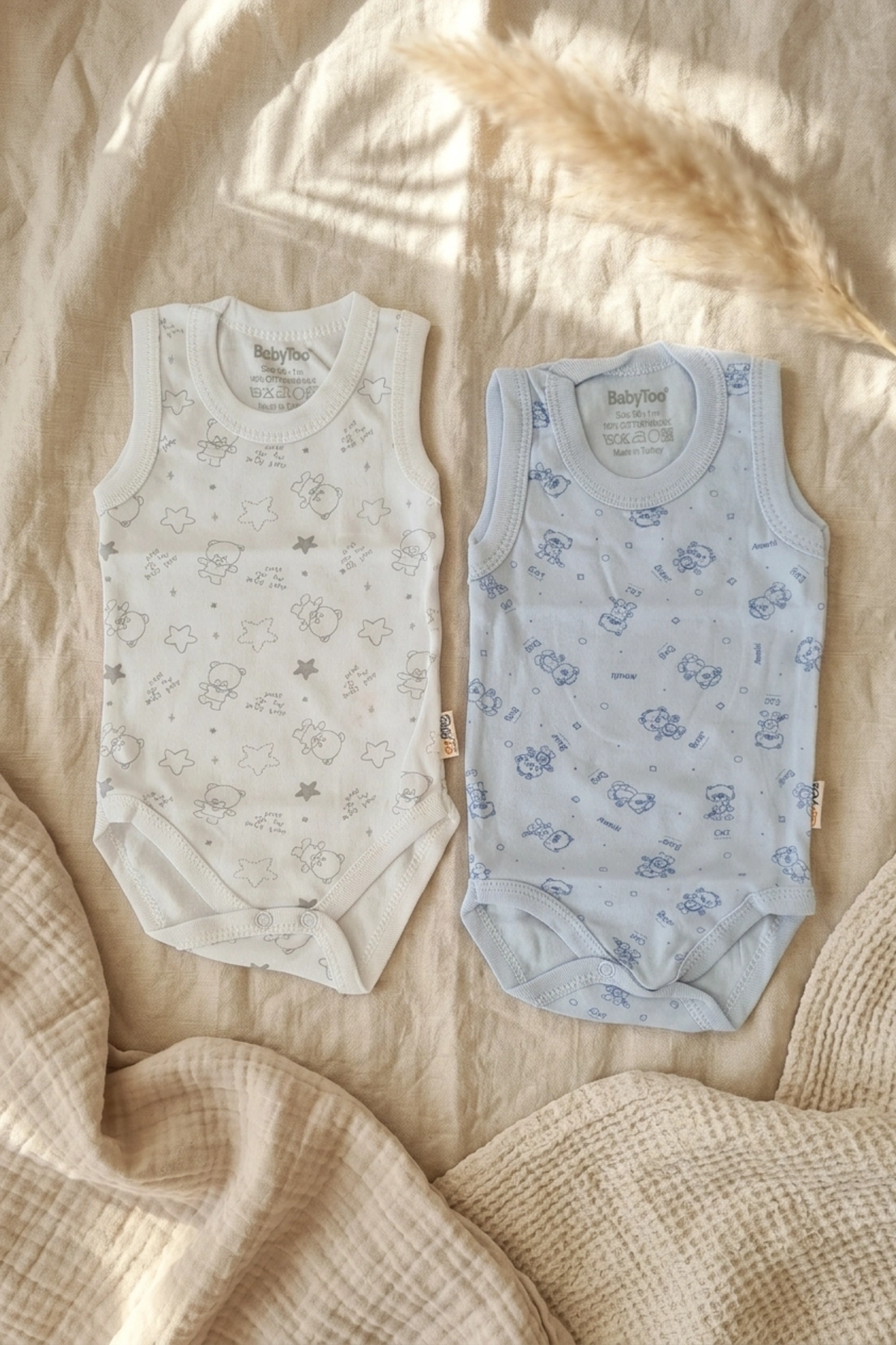 %100 Pamuklu Ayıcık Desenli Kolsuz 2'li Bebek Zıbın Body Seti - Mavi Ve Beyaz Renk Seçeneği 0-12 Ay