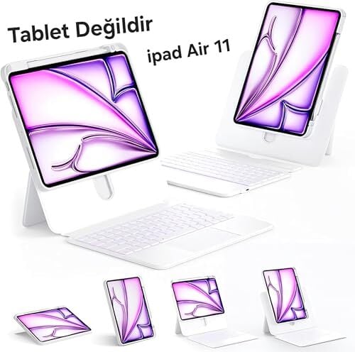 iPad Air 11 inç (M4/M3/M2 2026/2025/2024) iPad Air 8/7/6/5/4. Nesil ve iPad Pro 11 inç için Uyumlu 360 Dönebilen Keyboard Touchpad Işıklı Türkçe Q Klavyeli Kılıf (Beyaz)