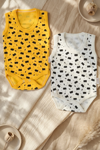 Yumuşak % 100 Pamuklu Kolsuz Bebek Zıbın Seti - 2'li Sarı Ve Beyaz Kedi Maskesi Desenli Body