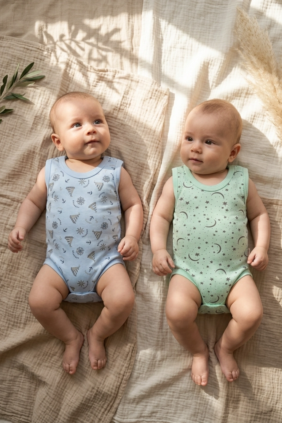 2’li Bebek Kolsuz Body Seti - %100 Organik Pamuk, Nefes Alan Dokulu, Gemi Ve Gökyüzü Desenli Mint & Mavi Zıbın Takımı