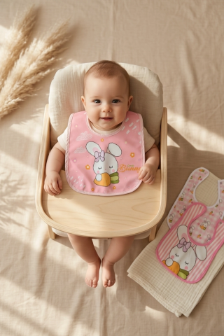 Bunny Serisi 3'lü Bebek Mama Önlüğü Seti - Pembe Çizgili Ve Kareli Su Geçirmez Çıtçıtlı Ayarlanabilir Leke Tutmaz Önlük