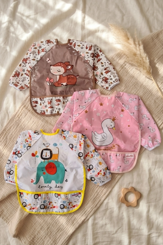 3'lü Sıvı Geçirmez Uzun Kollu Bebek Mama Önlüğü - Blw Uyumlu, Leke Tutmaz, Kırıntı Cepli Ek Gıda Önlüğü Seti