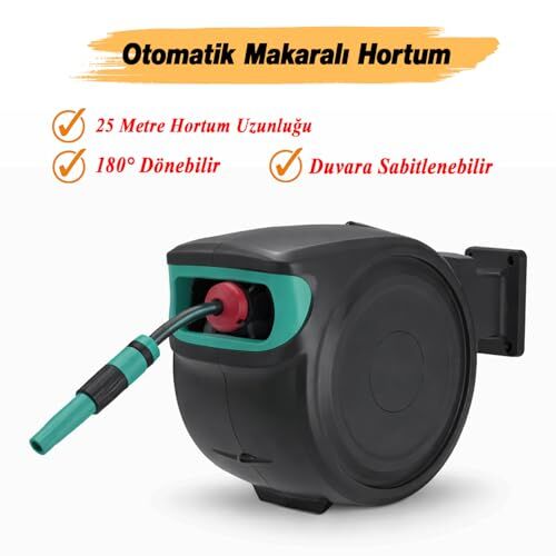 Makaralı 25 Metre Duvara Monteli 180° Döner Hortum Seti, Bahçe Su Hortumu 1/2, Sulama ve Araç Yıkama