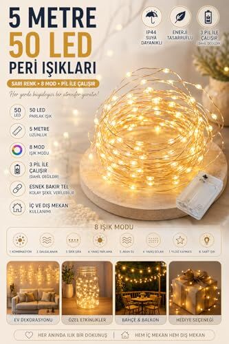 5 Metre Gün Işığı Peri LED Tel, 3 Pilli, Fonksiyonlu Süsleme Aydınlatması