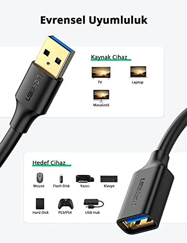 USB 3.0 uzatma kablosu 1.5 Metre, siyah