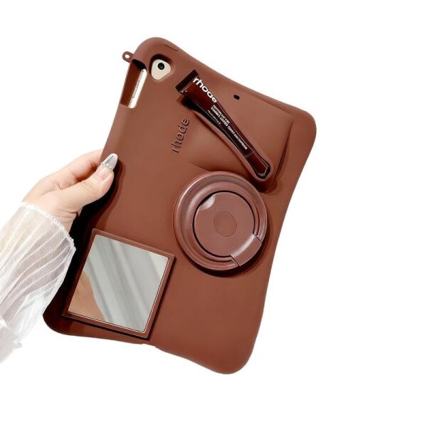iPad Pro 11 4/3/2/1. Nesil uyumlu 3D rujlu, aynalı, askılı, standlı silikon kapak, kahverengi