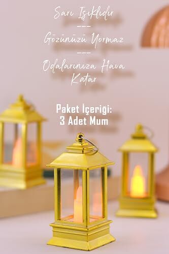3 Adet LED Mum Mini Dörtgen Tip Pil Dahil Dumansız Alev LED'li Yapay Dekoratif Mum Altın PT434
