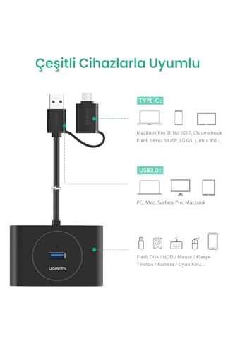 USB A/USB C to 4 Port USB 3.0 Hub, Siyah, 1 Metre