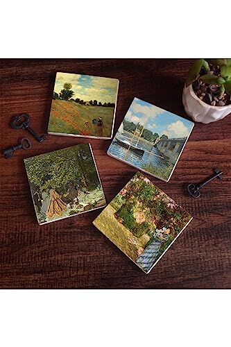 Claude Monet Bahçede; Kırda Öğle Yemeği, Argenteuil'de Köprü, Gelincikler Taş Bardak Altlığı Seti, 4 Parça, Dekoratif, Rustik Mutfak Aksesuarı, 10x10 cm, Kaydırmaz Tabanlı SC128