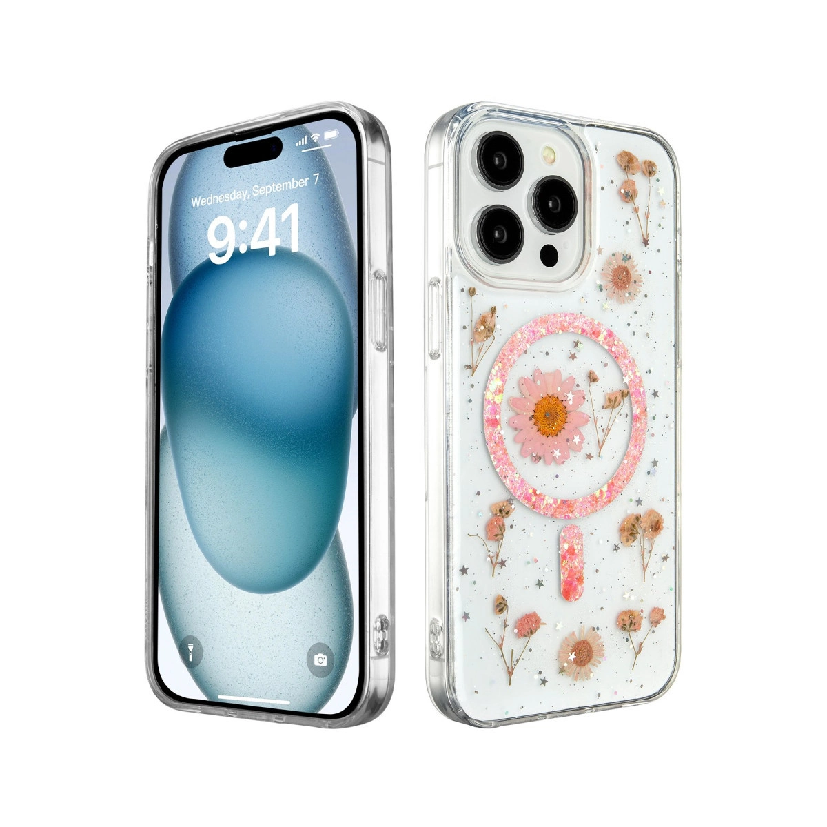 Apple İphone 15 Pro Max Kılıf Daisy Simli Magsafe Kapak - Pembe