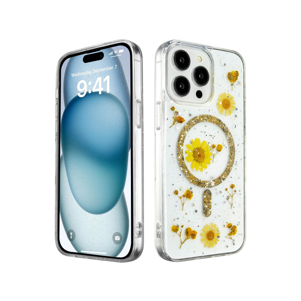 Apple İphone 15 Pro Max Kılıf Daisy Simli Magsafe Kapak - Gold