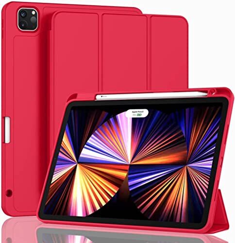 Apple iPad Pro 12.9 6. Nesil 5. Nesil ile uyumlu Pen Charge Kalem Bölmeli Kılıf 2021-2022 Kırmızı