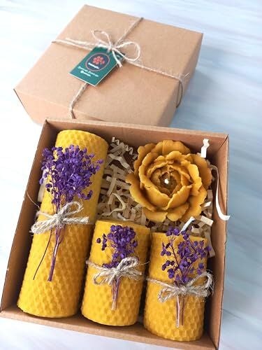 Balmumu Mum Dekoratif Hediye Kutusu 4'lü Set Doğal Petek Beeswax Candle Mor Süslenmiş Açmış Gül
