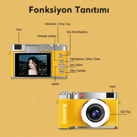4k Çantalı Dijital Retro Video Kamera 48mp 16x Zoom Işıklı (32gb) Kart Dijital Fotoğraf Makinesi Beyaz