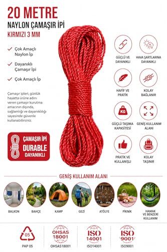 20 Metre Kırmızı Naylon İp 3 mm, Çok Amaçlı Dayanıklı Çamaşır İpi