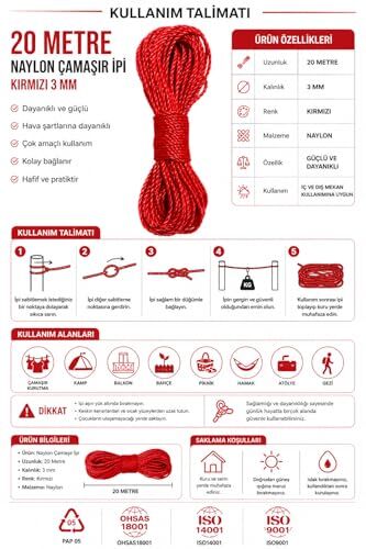 20 Metre Kırmızı Naylon İp 3 mm, Çok Amaçlı Dayanıklı Çamaşır İpi