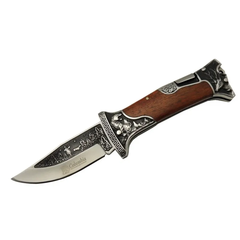 A3188-2 Geyik Desenli Outdoor Çakı 23 Cm - İşlemeli Ahşap Saplı, Perçinli, Deri Kılıflı