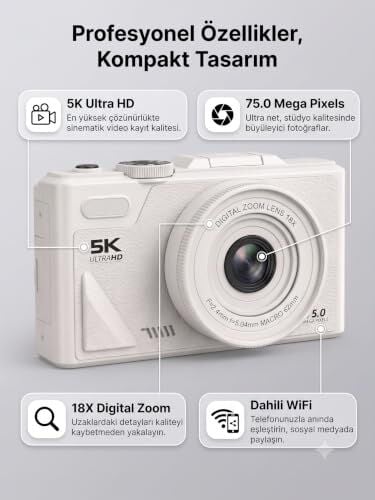 5K Dijital Kamera; Fotoğrafçılığa Yeni Başlayanlar için Auto Focus Fotoğraf Makinesi, 3 İnç Katlanabilir Ips Ekran, Çocuklar ve Öğrenciler için Hediye Kamera, Hafıza Kartı Hediye (Beyaz)