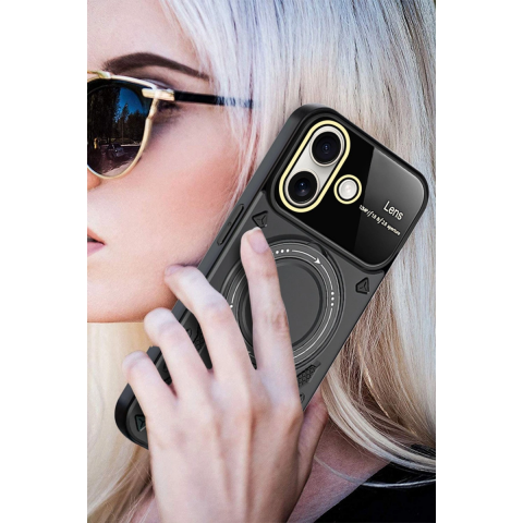 Apple İphone 16 Kılıf Joy Lens Standlı Kapak - Siyah