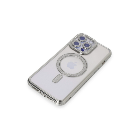 Apple İphone 15 Pro Max Kılıf Joke Simli Magneticsafe Kılıf - Gümüş