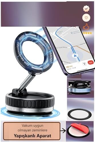 Magsafe Uyumlu Manyetik Araç Telefon Tutucu, Vakumlu ve Yapışkanlı, 360° Dönen Katlanabilir, Torpido ve Cam Üstü Uyumlu