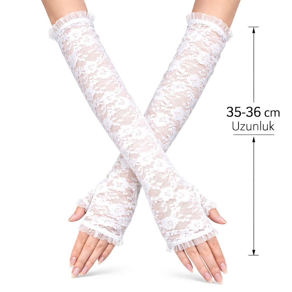 Uzun Zarif Dantel Eldiven Parmaksız Beyaz 35 Cm