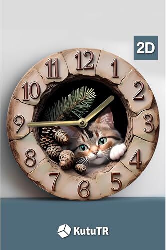 Patili Dostlarınız için Kedi Temalı Doğal Duvar Saati, sdw007