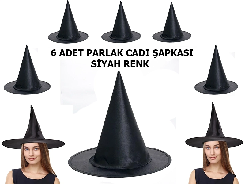 Siyah Renk Parlak Dralon Cadı Şapkası Yetişkin Ve Çocuk Uyumlu 6 Adet