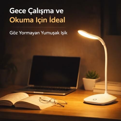 Dokunmatik LED Masa Lambası, Şarjlı, Ayarlanabilir Işık, Esnek Gövde, Modern Beyaz