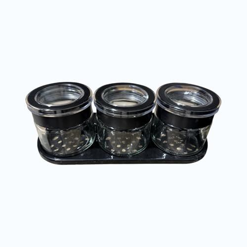 Baharatlık Seti, Cam Kavanoz, Contalı Hava Geçirmez Kapak ve Kaşık Dahil, 3'lü Set, Siyah/Mavi/Bej (Siyah)